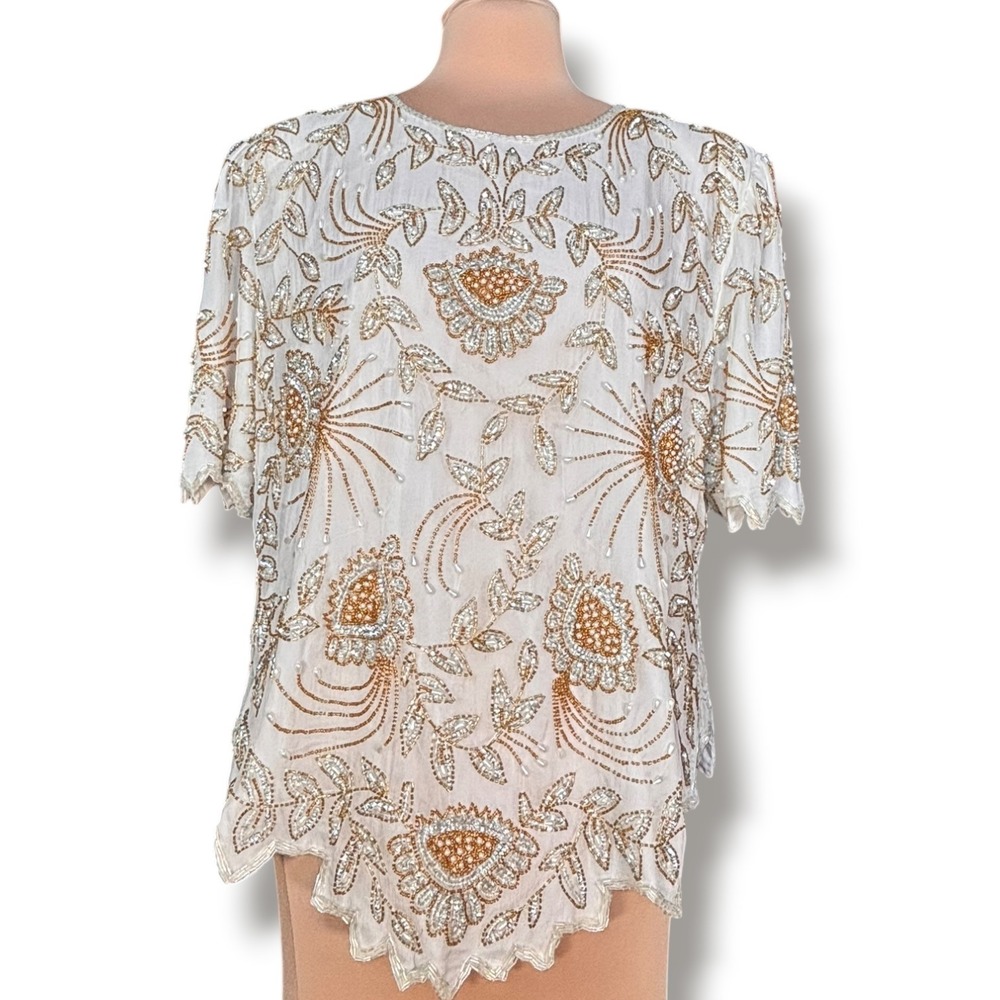 Laurence Kazar Silk Beaded Floral Blouse White Gold Silver 2X Vintage Blouse - Picture 10 of 10